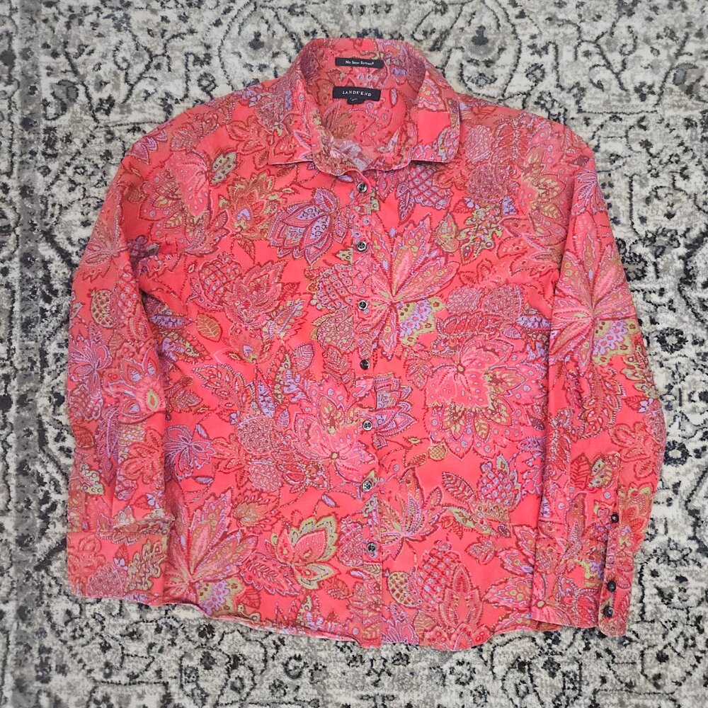 Lands' End Supima Cotton Floral Button Down Shirt Coral Womens 6P Boho Retro